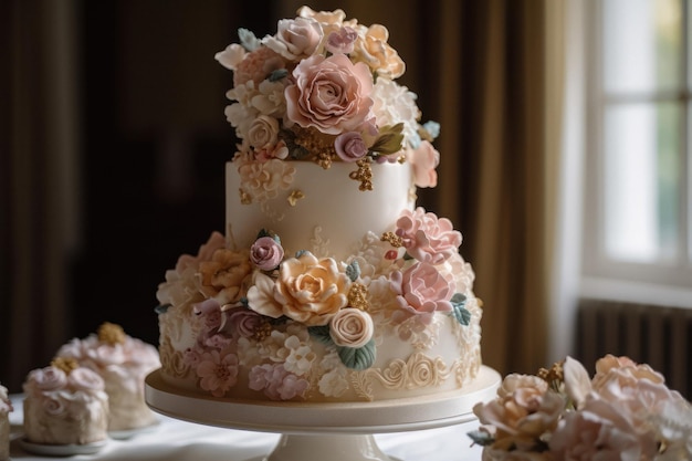 Elegancki trójwarstwowy tort weselny z różem i kremowymi kwiatami cukru