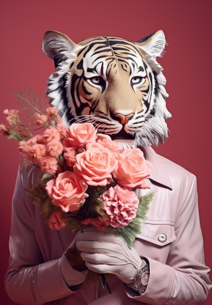 Zdjęcie elegancki tygrys trzymający bukiet kwiatów kreatywna świąteczna kartka z życzeniami projekt koncepcji walentynek