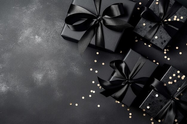 Elegancki widok z góry czarnych pudełek z wstążką i srebnymi konfetti na izolowanym czarnym backg