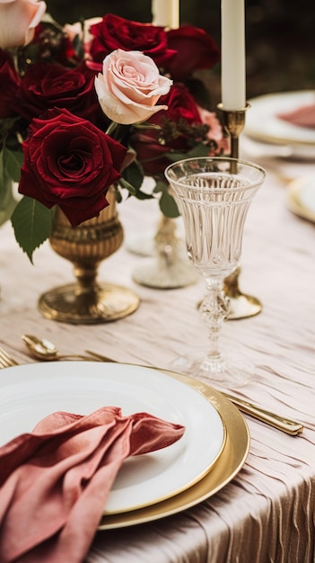Elegancki wystrój stołu, formalne nakrycie stołu z czerwonymi różami i winem, elegancki wystrój stołu na przyjęcie weselne i imprezę świąteczną, dekoracja domu, pomysł na stylizację