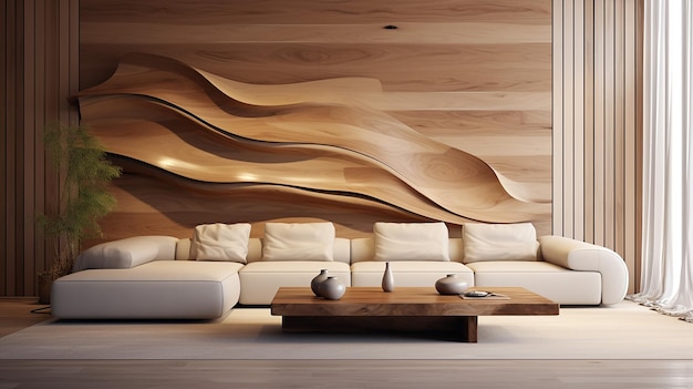 elegancki wystrój wnętrz nowoczesnego salonu z koncepcją drewnianej ściany