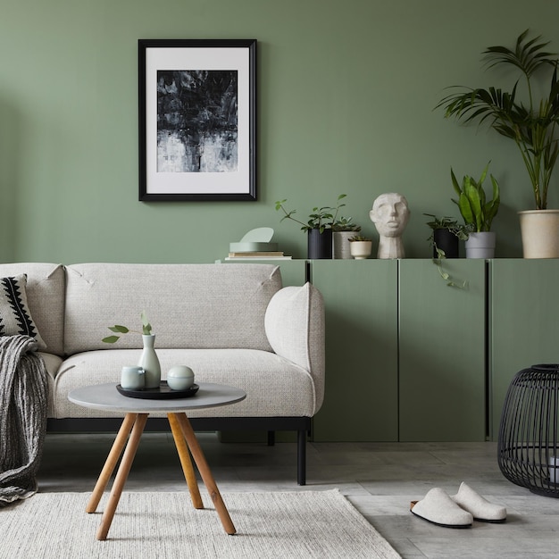 Elegancki wystrój wnętrz salonu z makietą plakat rama nowoczesna szara sofa drewniana komoda składany ekran rośliny i stylowe akcesoria Ściana eukaliptusowa Szablon Kopiuj miejsce