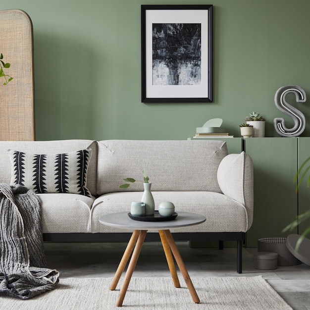 Elegancki wystrój wnętrz salonu z makietą plakat rama nowoczesna szara sofa drewniana komoda składany ekran rośliny i stylowe akcesoria Ściana eukaliptusowa Szablon Kopiuj miejsce