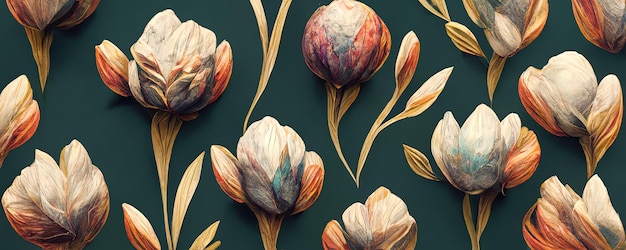 Elegancki wzór kwiatowy z delikatnymi tulipanami i elementami botanicznymi