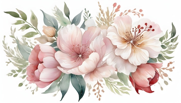 Eleganckie akwarele kwiatowe wiadro kwiatów ręcznie narysowana ilustracja na białym tle