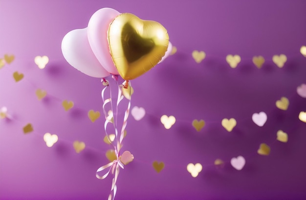 Eleganckie balony w kształcie serca Party Background Pastelowe i złote Happy Valentine's Day Romantyczne tło Birthday Party Celebration Generacyjna sztuczna inteligencja