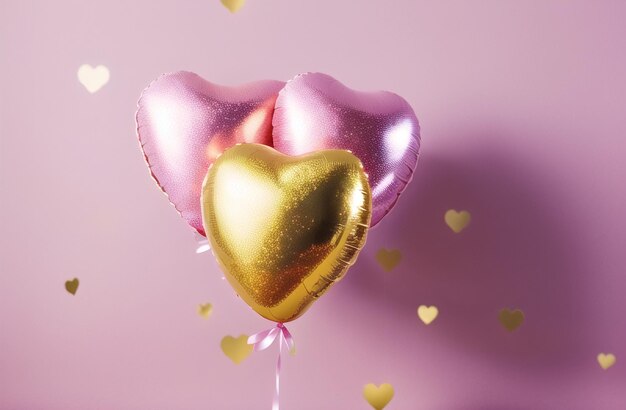Eleganckie balony w kształcie serca Party Background Pastelowe i złote Happy Valentine's Day Romantyczne tło Birthday Party Celebration Generacyjna sztuczna inteligencja
