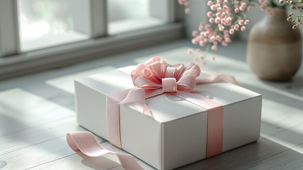Eleganckie białe pudełko z różową wstążką na pastelowym tle