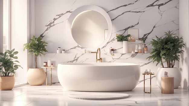 Eleganckie białe wnętrze łazienki z marmurowym białym blatem do kopiowania i produktami do urządzeń łazienkowych