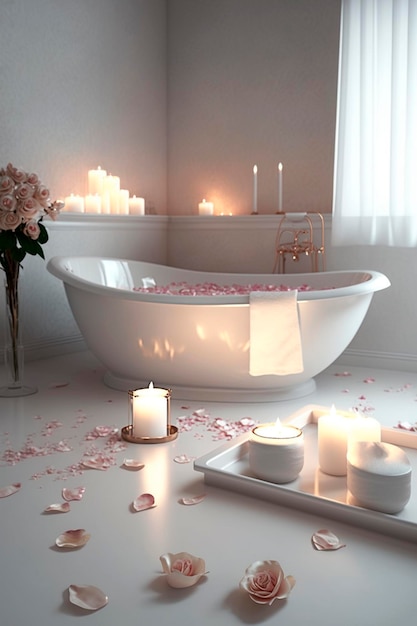 Eleganckie białe wnętrze łazienki z romantyczną atmosferą płonących świec i płatków róż Generative AI