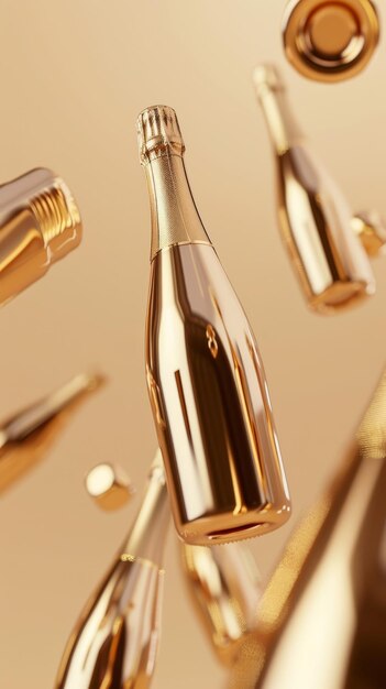 Eleganckie butelki szampana w stylu Memphisa w stylu 3D odizolowane latające obiekty w stylu Memphis 3D renderowanie ilustracja generowana przez AI