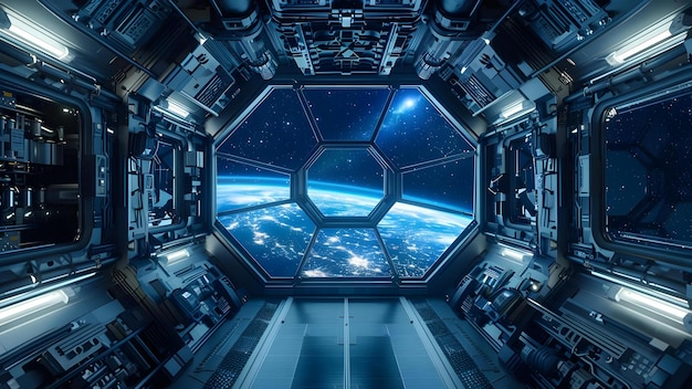 Eleganckie futurystyczne wnętrze stacji kosmicznej z nieskończonymi gwiazdami widocznymi przez okno Koncepcja Futuristyczna Stacja Kosmiczna Wnętrze nieskończonych gwiazd Widok okna Elegancki projekt
