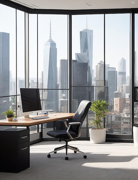 Eleganckie i nowoczesne biuro dla freelancerów z dużym oknem wychodzącym na tętniący życiem krajobraz miasta