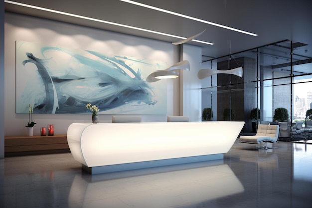 Eleganckie i nowoczesne lobby biura korporacyjnego z minimalistycznym wystrojem, dużą recepcją i współczesnymi udogodnieniami