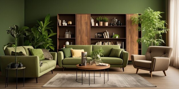 Eleganckie i przytulne wnętrze salonu, meble w kolorze brązowym i zielonym oraz elementy drewniane