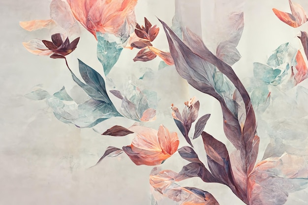 Eleganckie jasne kwiaty i gałęzie na jasnym tle Vintage kwiatowy wystrój na pocztówkę Fantasy roślina ilustracja 3d