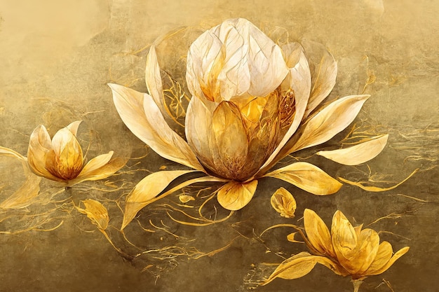 Eleganckie kwiaty ze złotym liściem i gałązkami na jasnym tle Jednolity wzór handdrawn wzór kolorów pędzla Vintage element dekoracyjny dla kart ilustracja 3d