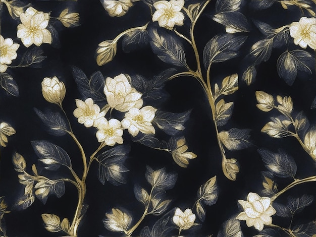 Eleganckie kwiaty ze złotymi liśćmi i gałęziami na ciemnym tle, ręcznie rysowane pędzlem