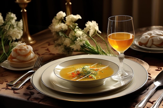 eleganckie nakrycie stołu z zupą jako daniem głównym stworzone przy użyciu generatywnej AI