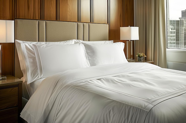Eleganckie, nowoczesne wnętrze sypialni z luksusową białą pościelą i elegancką drewnianą głowicą