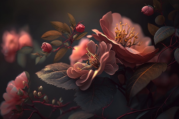 Eleganckie piękno Rose Tree Crimson świecące kwiaty na gałęzi oświetlonej światłem dziennym