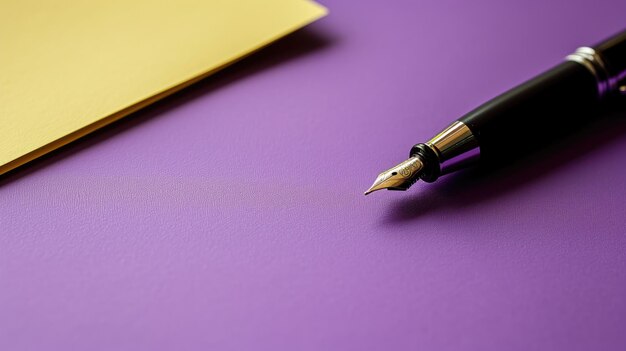 Eleganckie pióro na żółtym papierze i fioletowej powierzchni