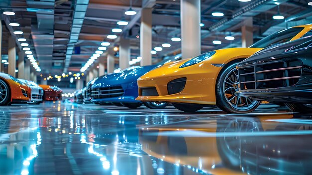 Zdjęcie eleganckie samochody sportowe na wystawie w salonie wystawowym tętniące życiem luksusowe pojazdy błyszczą pod jasnymi światłami nowoczesna doskonałość motoryzacyjna ai