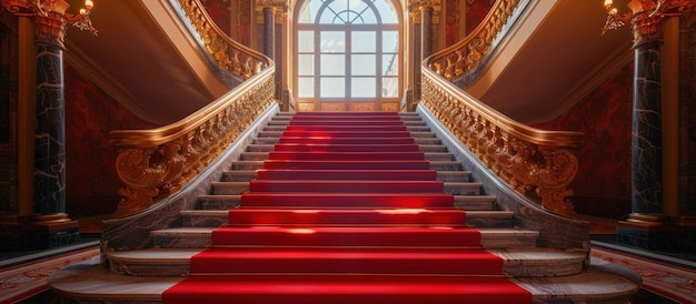 Eleganckie schody z czerwonym dywanem prowadzące do dużego okna