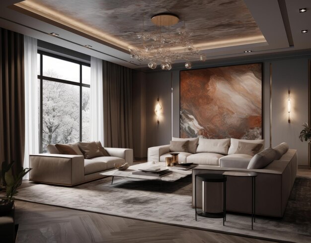 eleganckie wnętrze mieszkania z wygodną kanapą i dziełami sztuki