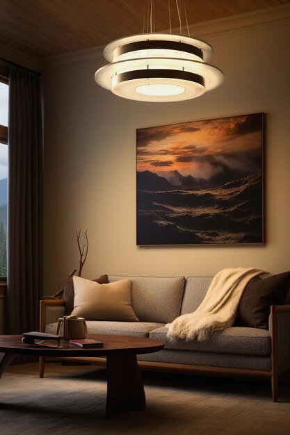 Zdjęcie eleganckie wnętrze salonu z nowoczesnym oświetleniem i przytulną kanapą