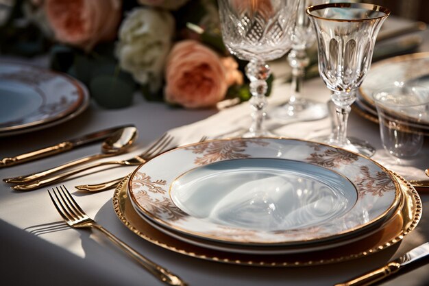 Zdjęcie eleganckie wyposażenie stołowe z złotymi naczynia i szklane naczynia
