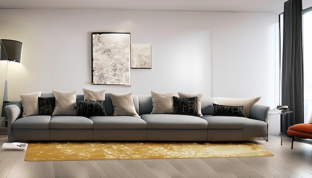 Elegancko i wygodnie zaprojektowany salon z dużą narożną sofą, drewnianą podłogą i dużymi oknami