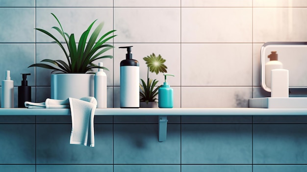 Elegancko nowoczesna łazienka ozdobiona stylowymi produktami i żywymi roślinami