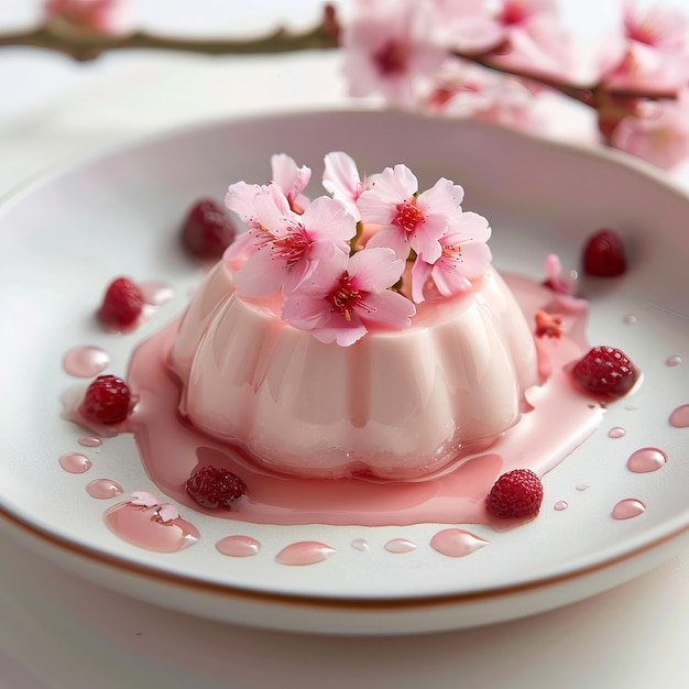 Elegancko pokryta różowa panna cotta z delikatnymi kwiatami wiśni