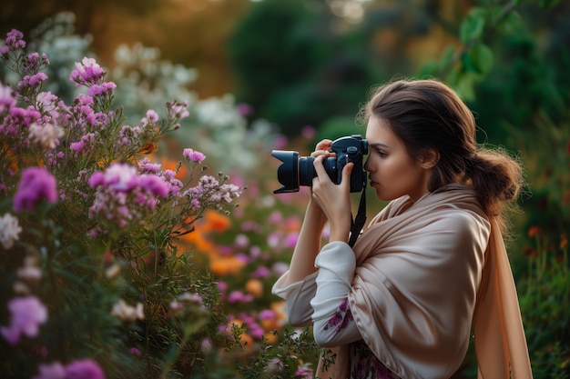 Elegancko ubrana kobieta z jedwabnym szalikem fotografująca kwiaty