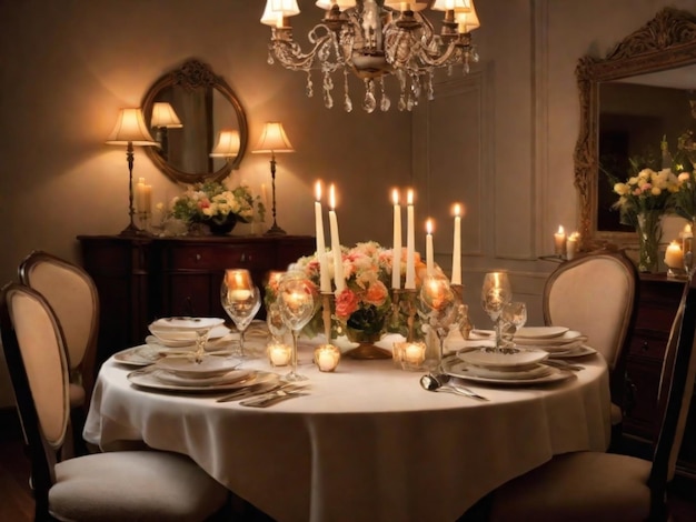 Elegancko ustawiony stół jadalny z pustym krzesłem ozdobionym świecami, kwiatami i pięknymi naczyniami. Tło emanuje przytulną i intymną atmosferą.