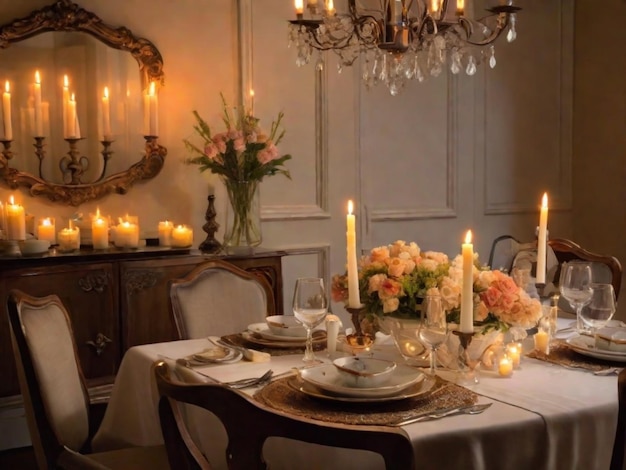 Elegancko ustawiony stół jadalny z pustym krzesłem ozdobionym świecami, kwiatami i pięknymi naczyniami. Tło emanuje przytulną i intymną atmosferą.