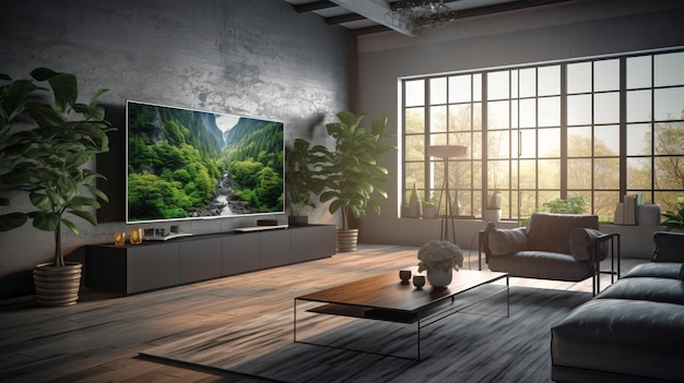 Elegancko zaprojektowany salon z dużym ekranem telewizyjnym generowanym przez Al