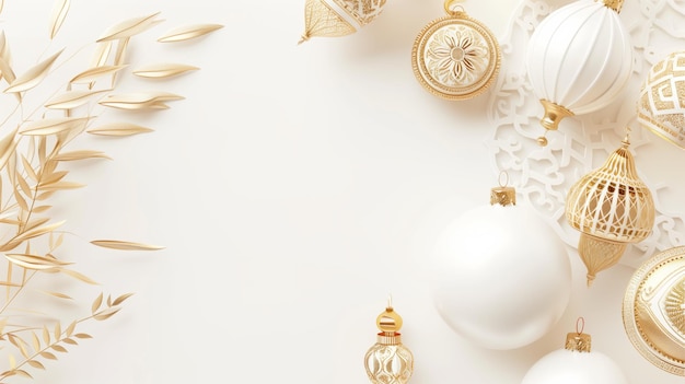 Zdjęcie elegant white and gold christmas background with sophisticated ornaments and golden leaves