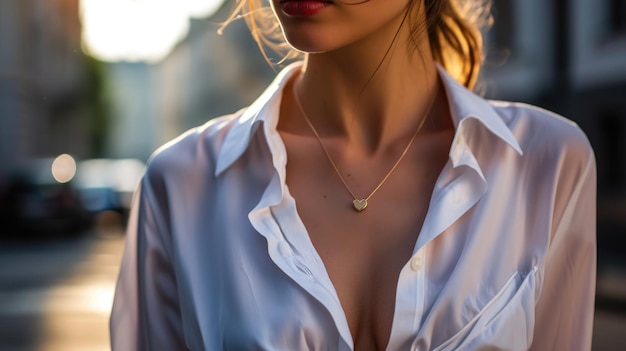 Elegantna biała koszula i naszyjnik w kształcie serca nowoczesne i eleganckie oświadczenie mody