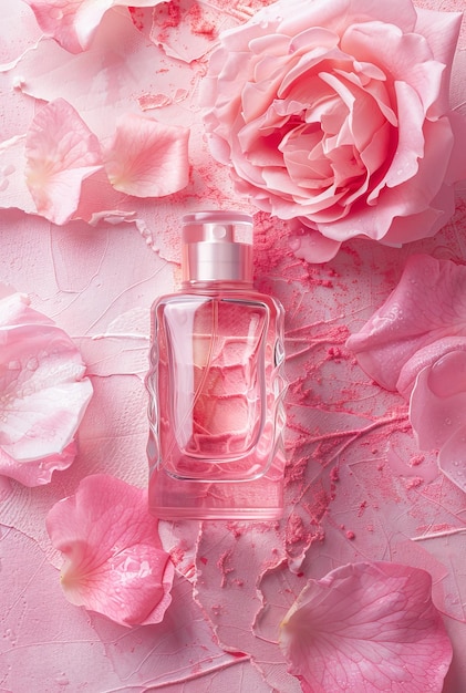 Elegantna butelka perfum umieszczona obok kwitnącej różowej róży na miękkim, rozmytym tle