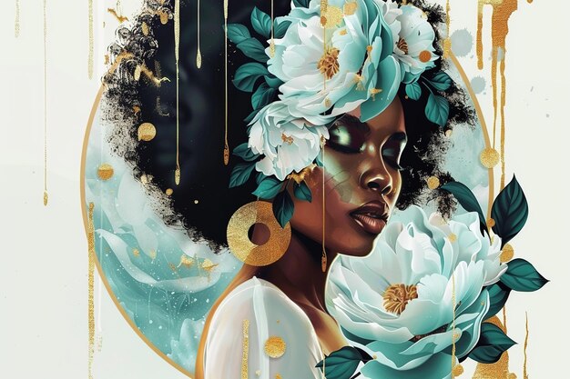Zdjęcie elegantna czarna kobieta z afro w kwiatowym i złotym obrazie