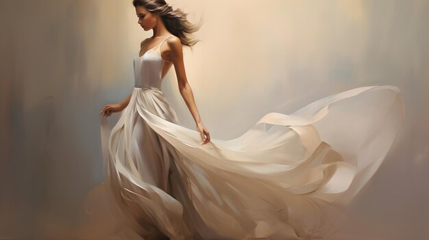 Elegantna dama w płynącej sukience na delikatnym jasnym tle