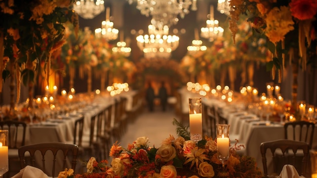 Elegantna dekoracja ślubna Luksusowe przyjęcie ślubne z układami kwiatowymi i świecami