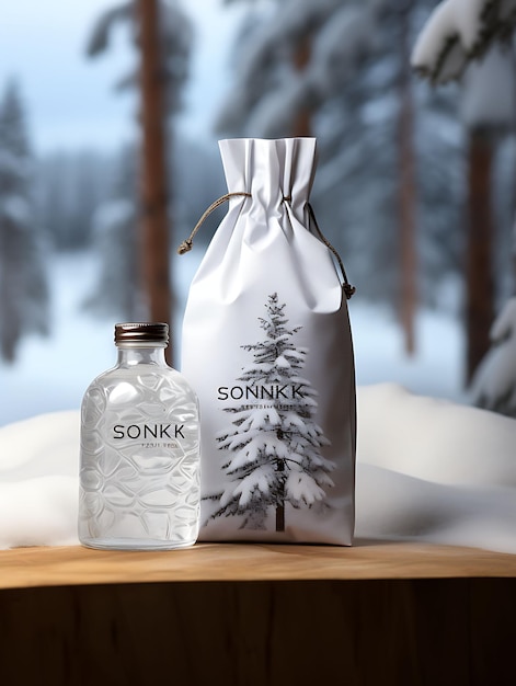 Zdjęcie elegantna fińska wódka shot glass salmiakki winter forest cool whites trending background layout