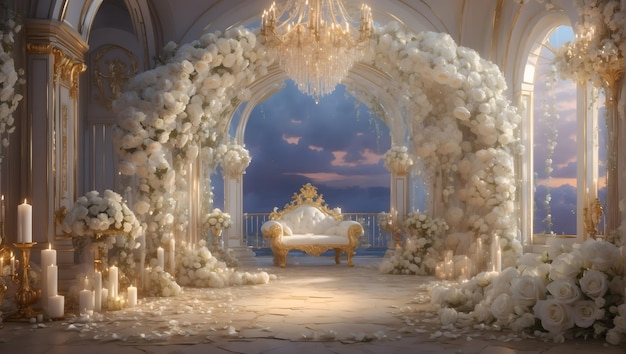 Elegantna i luksusowa dekoracja ślubna z kwiatowym łukiem kaskadowym białe róże miękkie świece