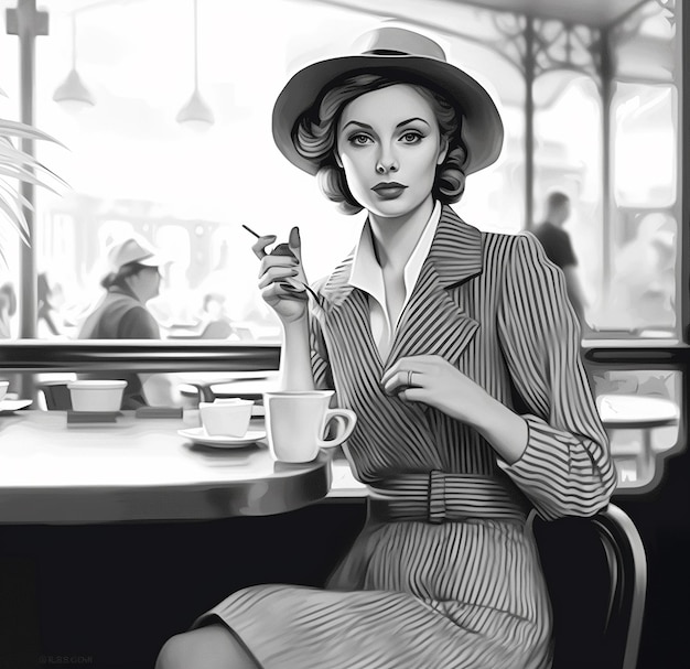 Zdjęcie elegantna i stylowa nowoczesna kobieta modelka w ciemnym kolorze portret w francuskiej kawiarni