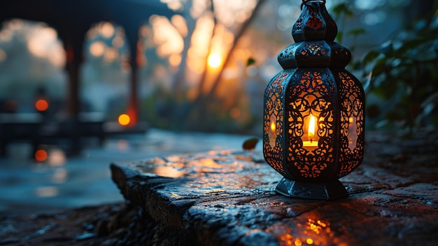 Elegantna islamska lampa z zapaloną świecą świecącą wieczorem Świętowa karta na święty miesiąc Ramadan Kareem