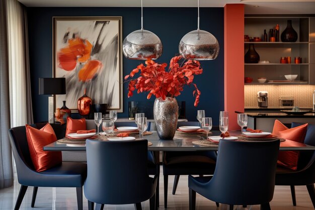 Zdjęcie elegantna jadalnia w kolorze koralowym i niebieskim z stylowym wykończeniem i współczesnymi meblami