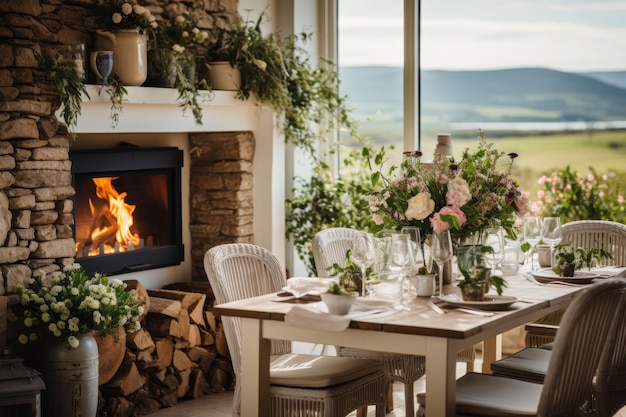 Elegantna jadalnia z pięknie ustawionym stołem, dużymi oknami i przytulnym kominem.